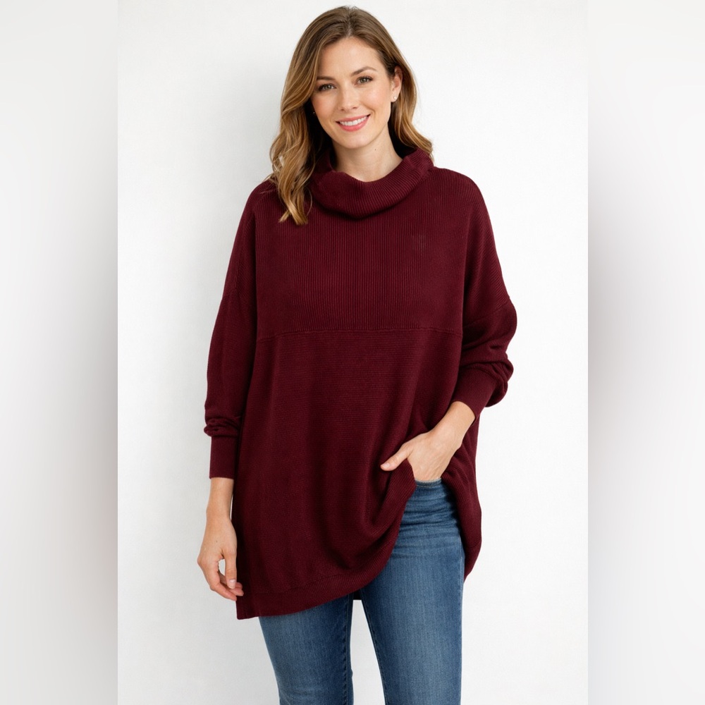 Women's L Burgundy mock knit long Sweater: Long sleeve, winter, baggy fall